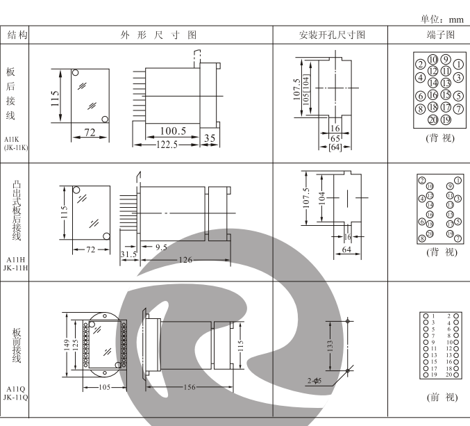 JZJ-210,JZY-210中間繼電器外形及安裝開孔尺寸圖